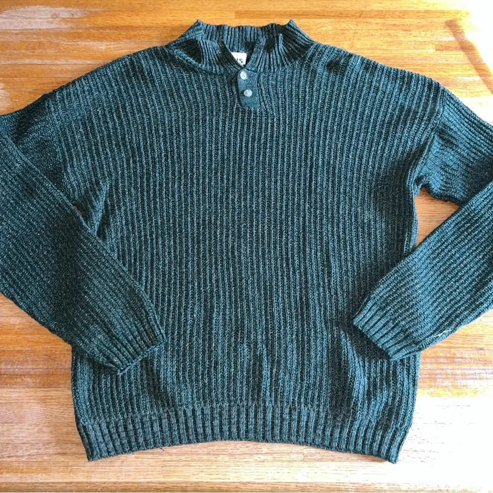 Falls Creek Men Medium Forest Green Mock Turtleneck 2 Button Corded Knit Sweater